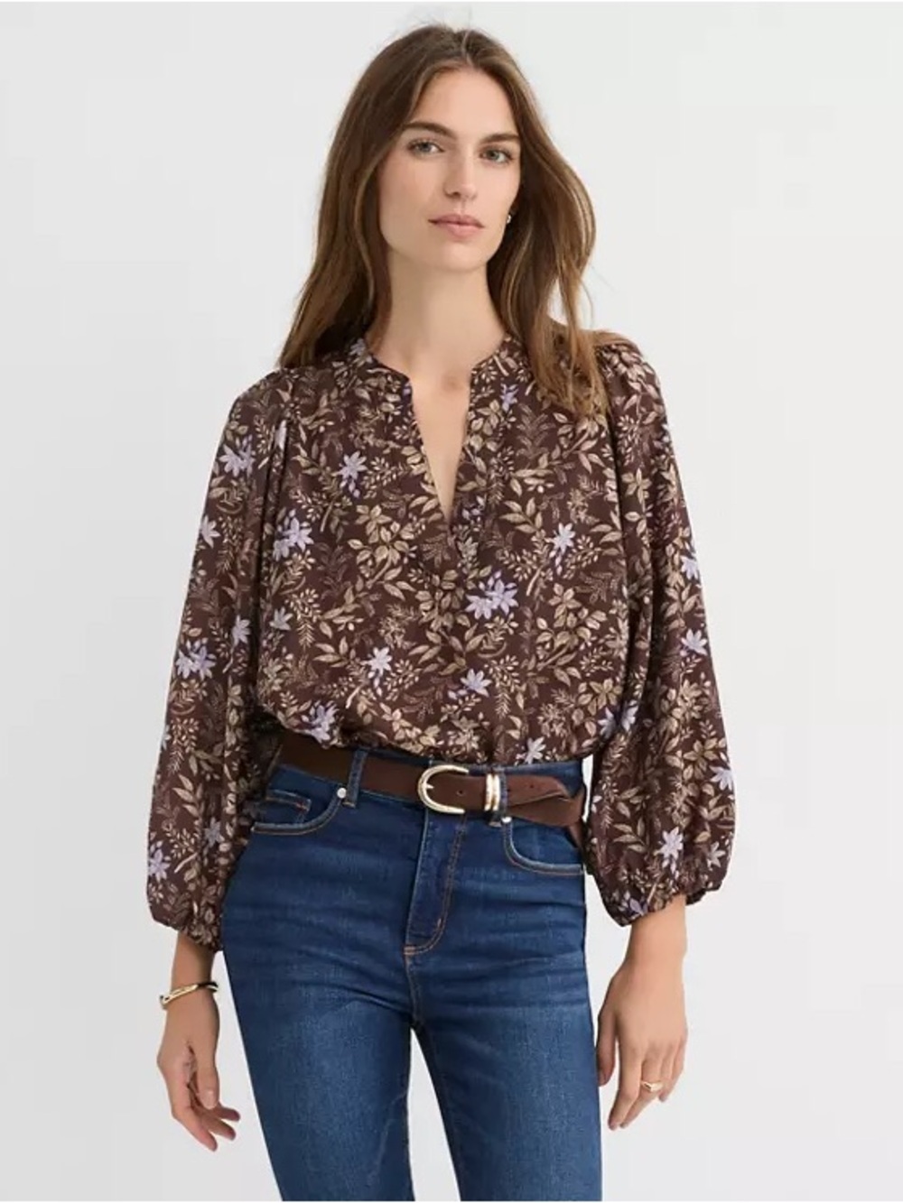 Ann Taylor LOFT NWT Garden Blouson Sleeve Split Neck Blouse Brown Floral SP